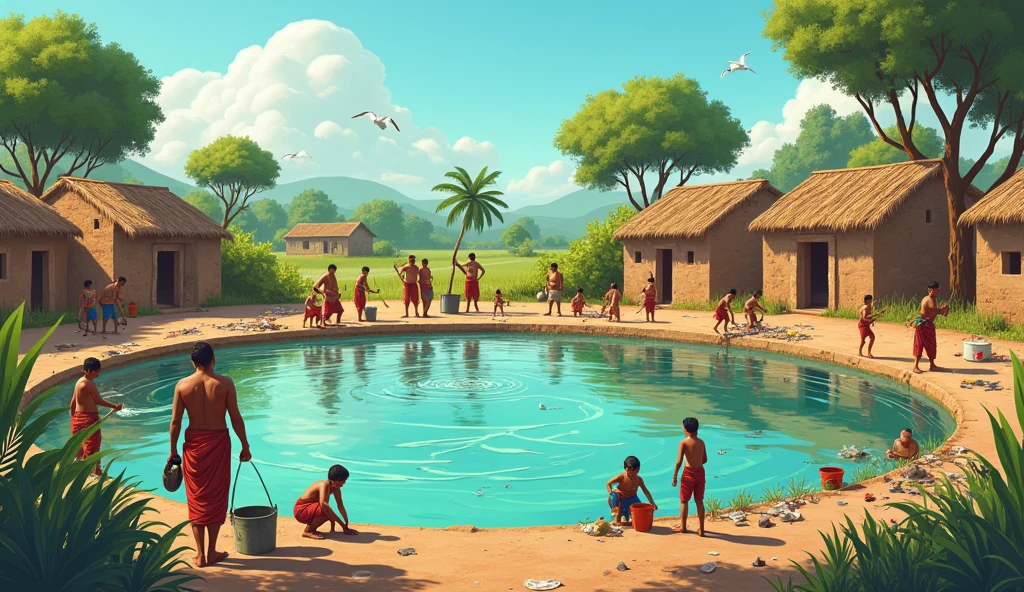 "Illustrate Ramu using his savings to clean out a village pond. Show Ramu and other villagers working together, removing debris and clearing the pond. The pond should begin to fill with water, symbolizing hope and the collective effort of the community."

