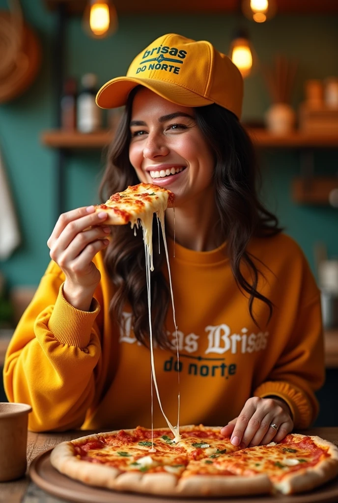 "A studio photo of a woman with Brazilian features wearing shorter clothing, including a pullover without a logo but with the name 'Brisas do Norte' and a matching cap with the same name. She is holding a slice of pizza with melted cheese stringing out as she takes a bite. The scene is bright and cheerful, perfect for marketing a pizzeria named 'Brisas do Norte.' The woman should have a friendly expression, and the overall vibe should feel warm and inviting, reflecting the cozy and delicious atmosphere of the pizzeria. The setting around her should evoke the feeling of being in Brazil, with subtle cultural elements in the background that suggest a Brazilian atmosphere, without relying on overt symbols like the national flag."