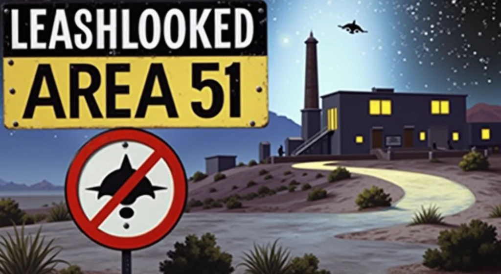 fund: A nighttime image of Area 51, with a starry sky and a soft light coming from the base, which will be partially covered by shadows. Central Element: A large Area 51 warning sign, indicating "Access Prohibited" ou "Restricted area", slightly illuminated by a mysterious light, suggesting something secret going on beyond her. Additional Detail: in the sky, signs of strange lights or a subtle silhouette of an alien ship may be included, but discreetly, leaving the mystery in the air. texto: The title of the video highlighted with a font that evokes military style or mystery, with contrasting colors, like white or yellow, to stand out against the dark background.