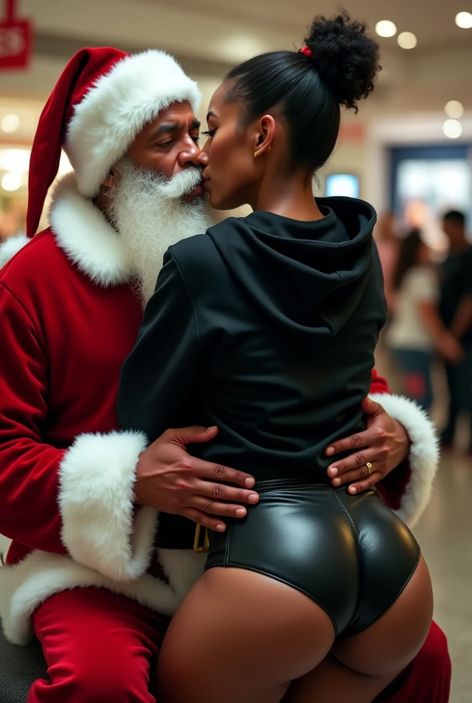 black woman hair in a bun black hoodie black leather short shorts excited and eyes wide open on her face setting in santa claus lap at the mall 8k santa holding her up against him french kissing her and holding her butt cheeks
