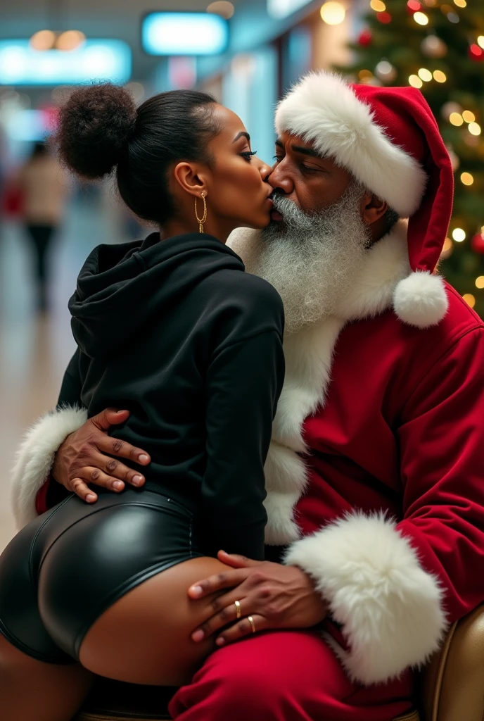 black woman hair in a bun black hoodie black leather short shorts excited and eyes wide open on her face setting in santa claus lap at the mall 8k santa holding her up against him french kissing her and holding her butt cheeks