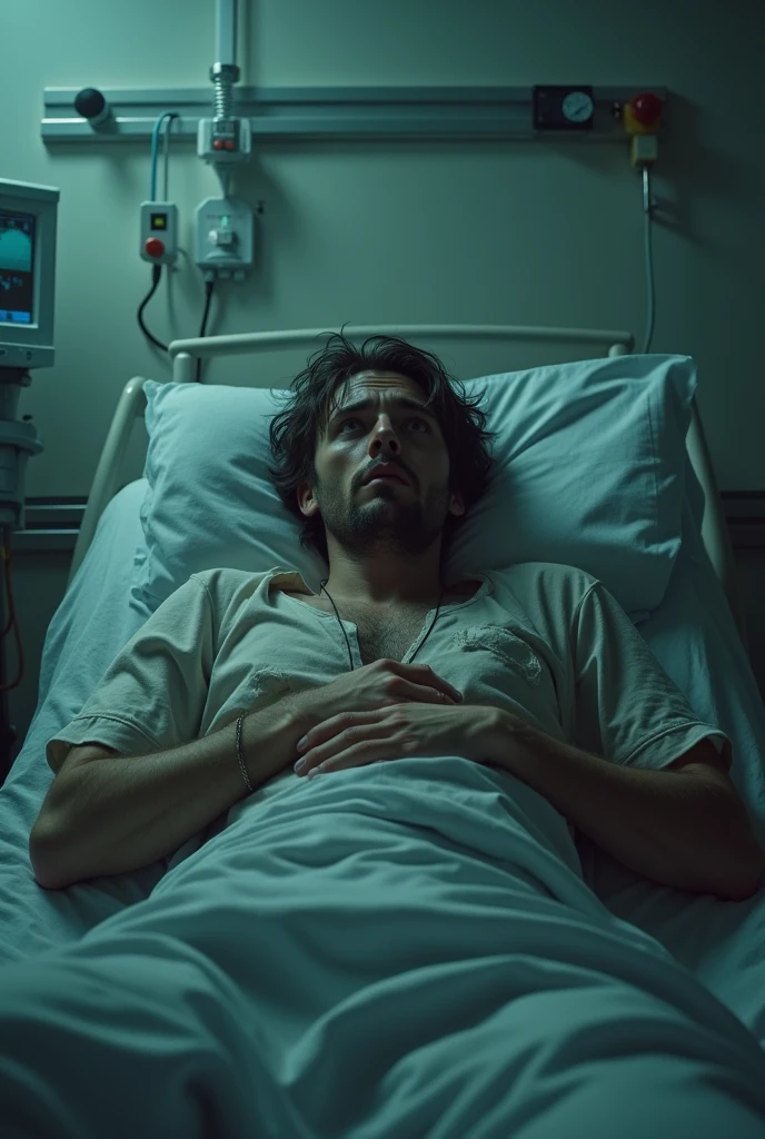 Desperate man after waking up from a coma, after having lived a nightmare of extraordinary proportions