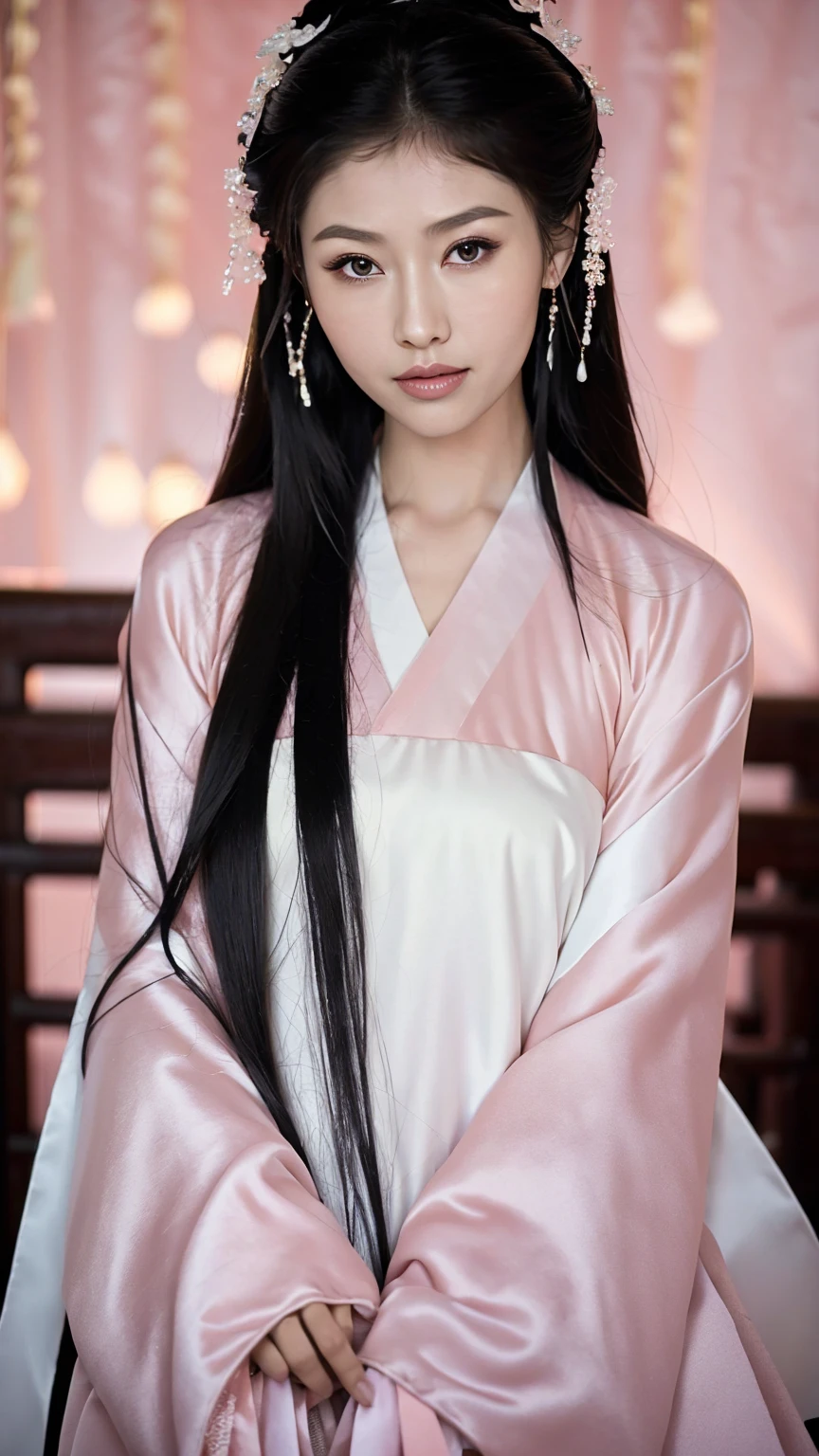 1 Fashion Model [[[[close up]]]], [[[[neck]]]], [[[[Shoulder]]]], (((Complete head)))，(((Complete hairstyle)))，Perfect eyes, Perfect Iris，Perfect lips，Perfect Teeth，Perfect skin，White skin，Soft headlights，High-density imaging，Black long hair，（Clean and delicate face），((Pink Hanfu))，((Half-length photo))，((night))，((Chinese Lanterns))，((Various dynamic poses))，((The background is the bedroom))，best quality，masterpiece，（Soft colors：1.2）