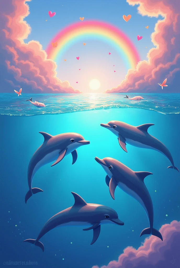 dolphins swimming in the sea with rainbow, hearts and a colorful sky around