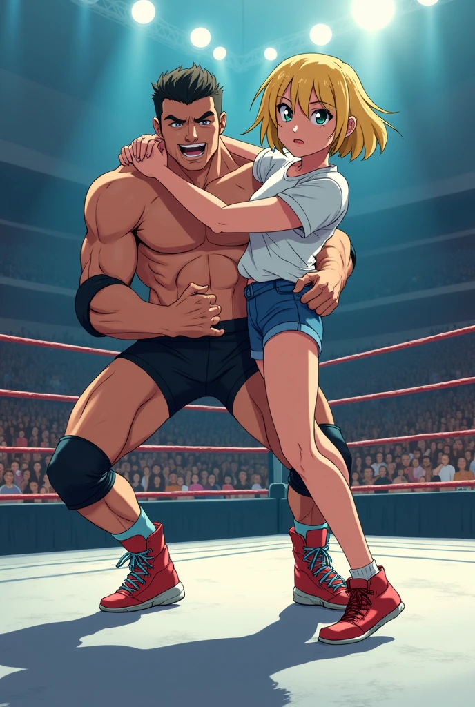 Wrestling, blonde girl with bob,in red sneakers, white t-shirt hugs guy tightly, squeezing his lower back, the girl lifted the guy, the guy's feet didn't reach the ground, anime, Art, view from the back, The girl carried the guy around the ring