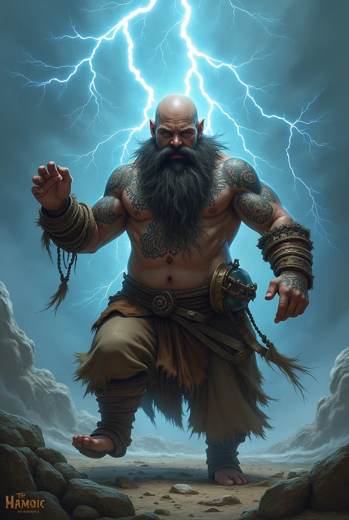 dwarf , RPG , Nordic, charachter, bard, tambor , tambourine, light outfits , leathery , Dance, Large Beard , without hair, nordic tattoo, runes , short stature , natta , Raby , lightning strikes .