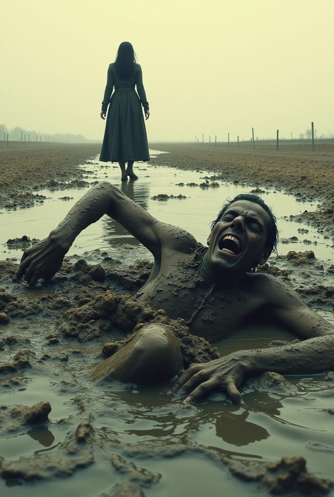 Person drowning in mud,while a woman abandons him