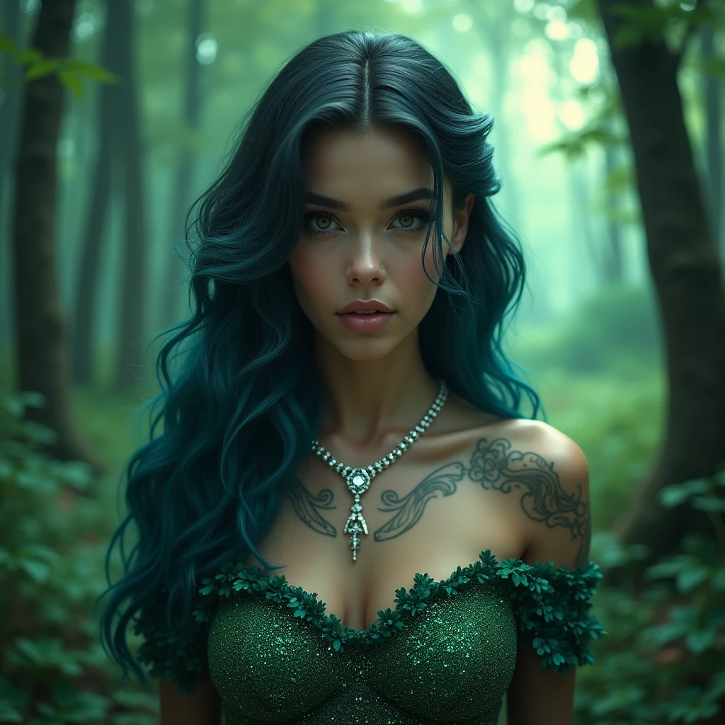 A natural white female, with long wavy blue n black hair, lashes, plump lips, tattoos, diamond chain, flawless eyebrows, wearing a sparkling green dress, lost in an enchanted forest