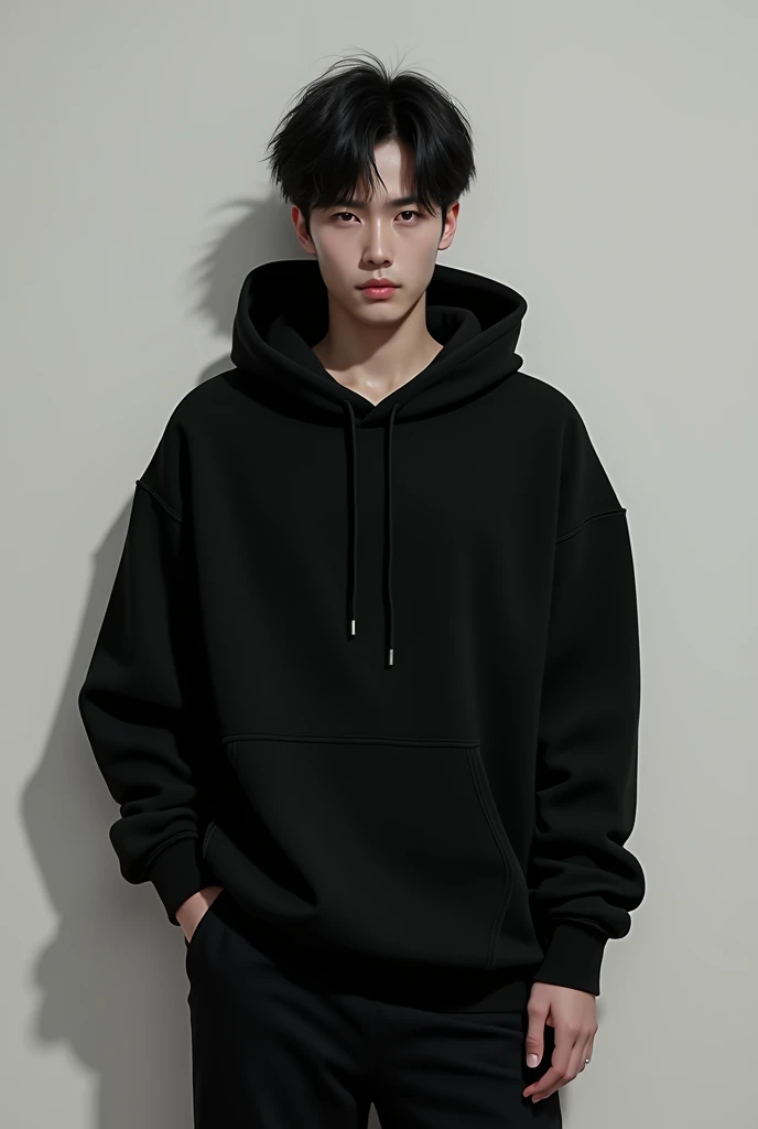 Japanese male wearing a pure black hooded sweatshirt
