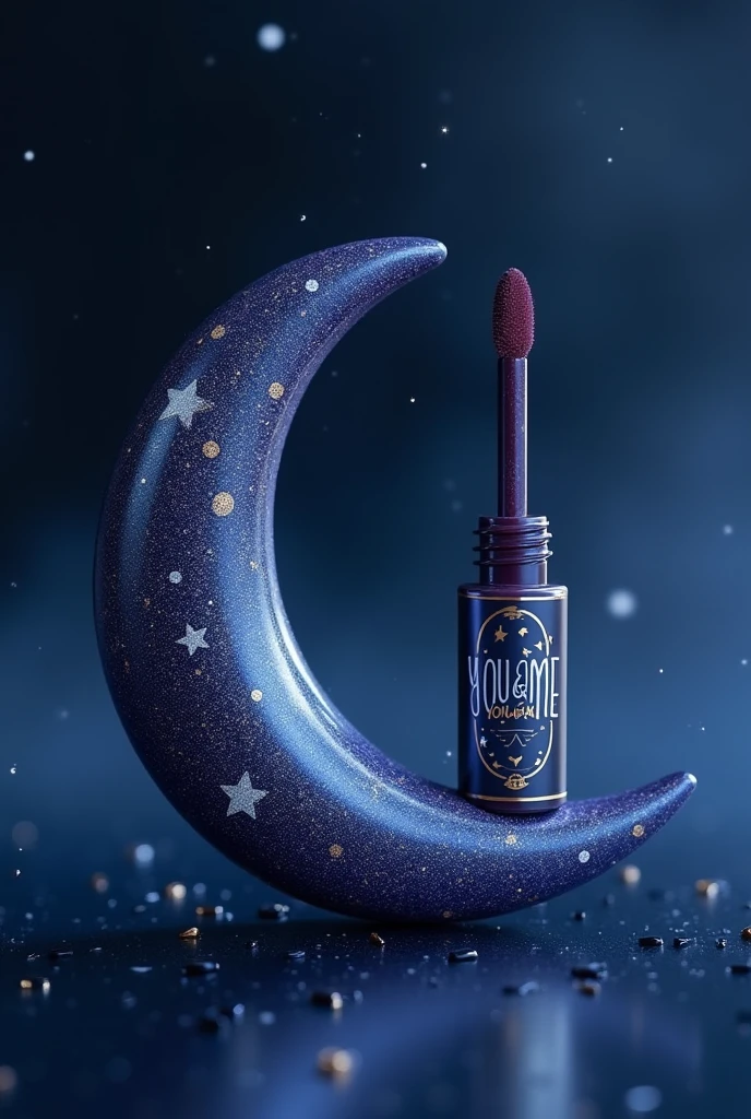 create a moon shaped lip gloss 🌙, dark blue design colors, white and gold details. wine color, for the brand "You&Me".