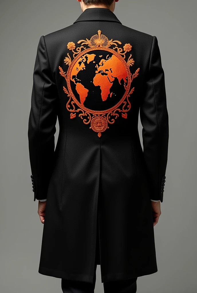 Create a black and orange coat with a dove and a globe in the middle of the back. It looks businesslike and has detailed embroidery. Lots of details.