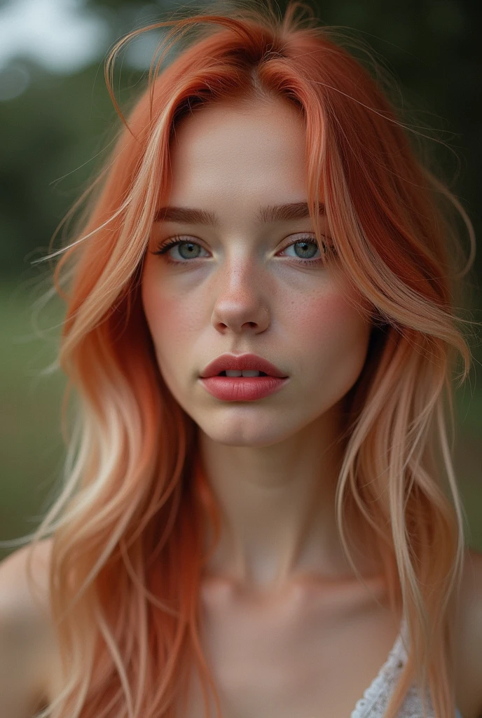 A 20-year-old beautiful European girl with detailed long red hair and gray eyes, wearing lip liner, eyeliner, and red lipstick, takes an iPhone camera selfie of herself in the sport. The selfie is a medium shot, and the girl has an ombre blonde-pink hair color. The image features film grain and medium quality, shot with an 80mm lens. The same girl and face are captured, emphasizing her striking features.