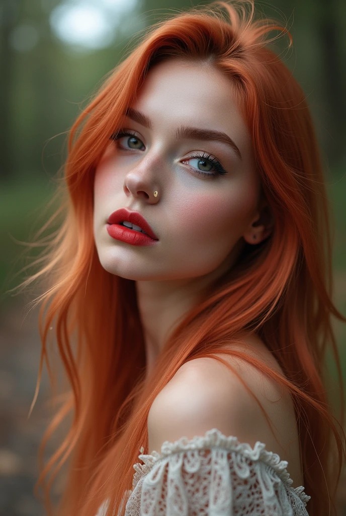 A 20-year-old beautiful European girl with detailed long red hair and gray eyes, wearing lip liner, eyeliner, and red lipstick, takes an iPhone camera selfie of herself in the sport. The selfie is a medium shot, and the girl has an ombre blonde-pink hair color. The image features film grain and medium quality, shot with an 80mm lens. The same girl and face are captured, emphasizing her striking features.