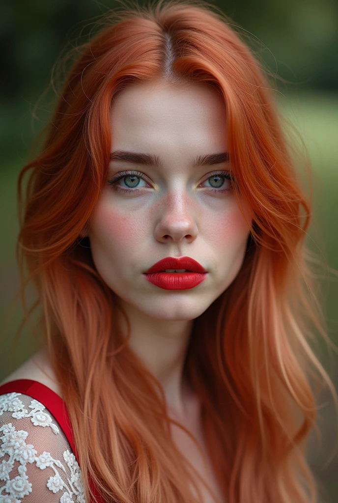 A 20-year-old beautiful European girl with detailed long red hair and gray eyes, wearing lip liner, eyeliner, and red lipstick, takes an iPhone camera selfie of herself in the sport. The selfie is a medium shot, and the girl has an ombre blonde-pink hair color. The image features film grain and medium quality, shot with an 80mm lens. The same girl and face are captured, emphasizing her striking features.