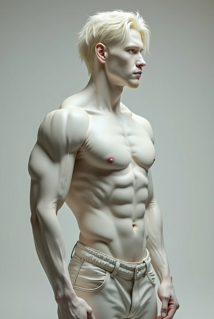 Albino man Abs Shirtless Posing side Platinum hair