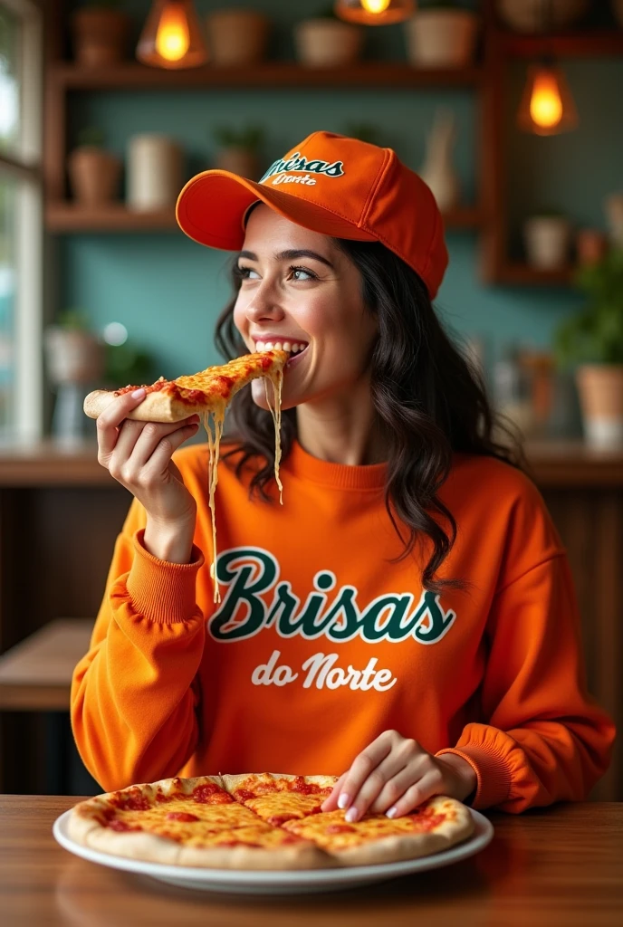 "A studio photo of a woman with Brazilian features wearing shorter clothing, including a pullover without a logo but with the name 'Brisas do Norte' and a matching cap with the same name. She is holding a slice of pizza with melted cheese stringing out as she takes a bite. The scene is bright and cheerful, perfect for marketing a pizzeria named 'Brisas do Norte.' The woman should have a friendly expression, and the overall vibe should feel warm and inviting, reflecting the cozy and delicious atmosphere of the pizzeria. The setting around her should evoke the feeling of being in Brazil, with subtle cultural elements in the background that suggest a Brazilian atmosphere, without relying on overt symbols like the national flag."