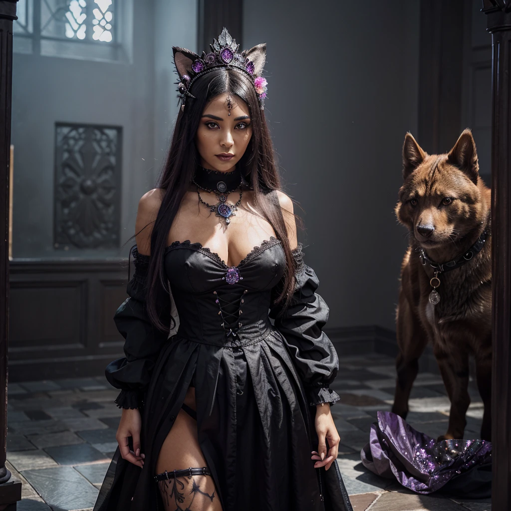 A beautiful tanned woman standing tall and confident with pronounced overwhelming gothic toned facial features and pink lips, wearing a large gothic ornate headdress that resembles a black knights. She stands beside her kitten and giant BTC and DOGE coins, they are made of colorful, translucent crystals, reflecting the nebulous scene of colors. Her body is full of beautiful Irezumi tattoos. The woman is dressed in dark, gothic attire giving them an overwhelming gothic look. The background is nebulous scenery of vibrant colors in contrasting blank purple colors.