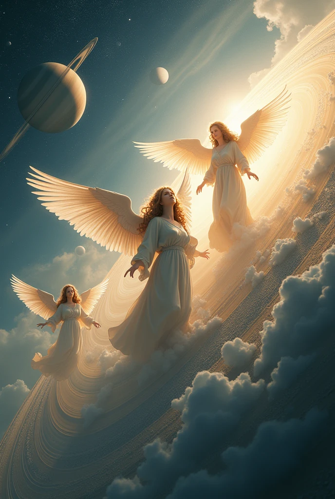 (photorealism:1.2), (masterpiece) , ( highlights and high details) Angels in Saturn with details pure and high hope
