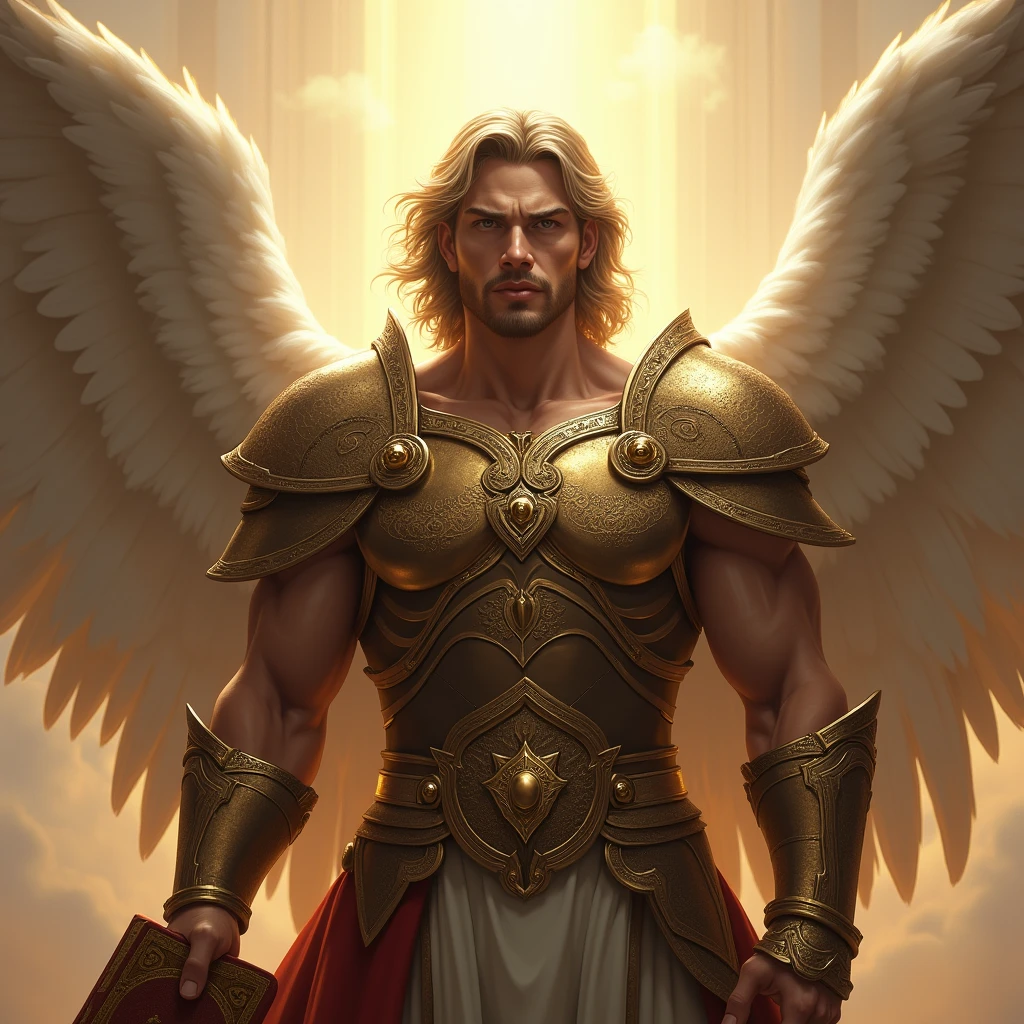 The powerful warrior angel of the Lord almighty. He is wearing chestplates and warrior attire. He is holding bible in his hand. He is handsome and powerful