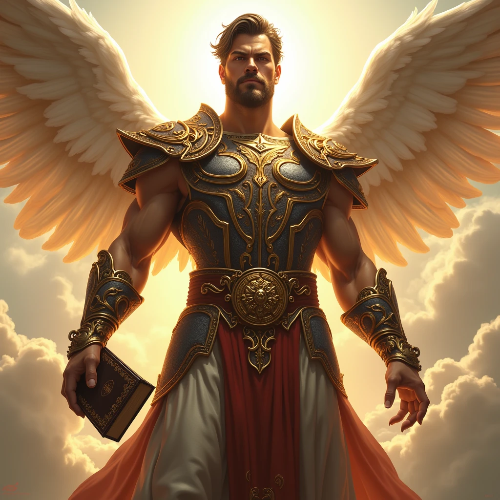 The powerful warrior angel of the Lord almighty. He is wearing chestplates and warrior attire. He is holding bible in his hand. He is handsome and powerful