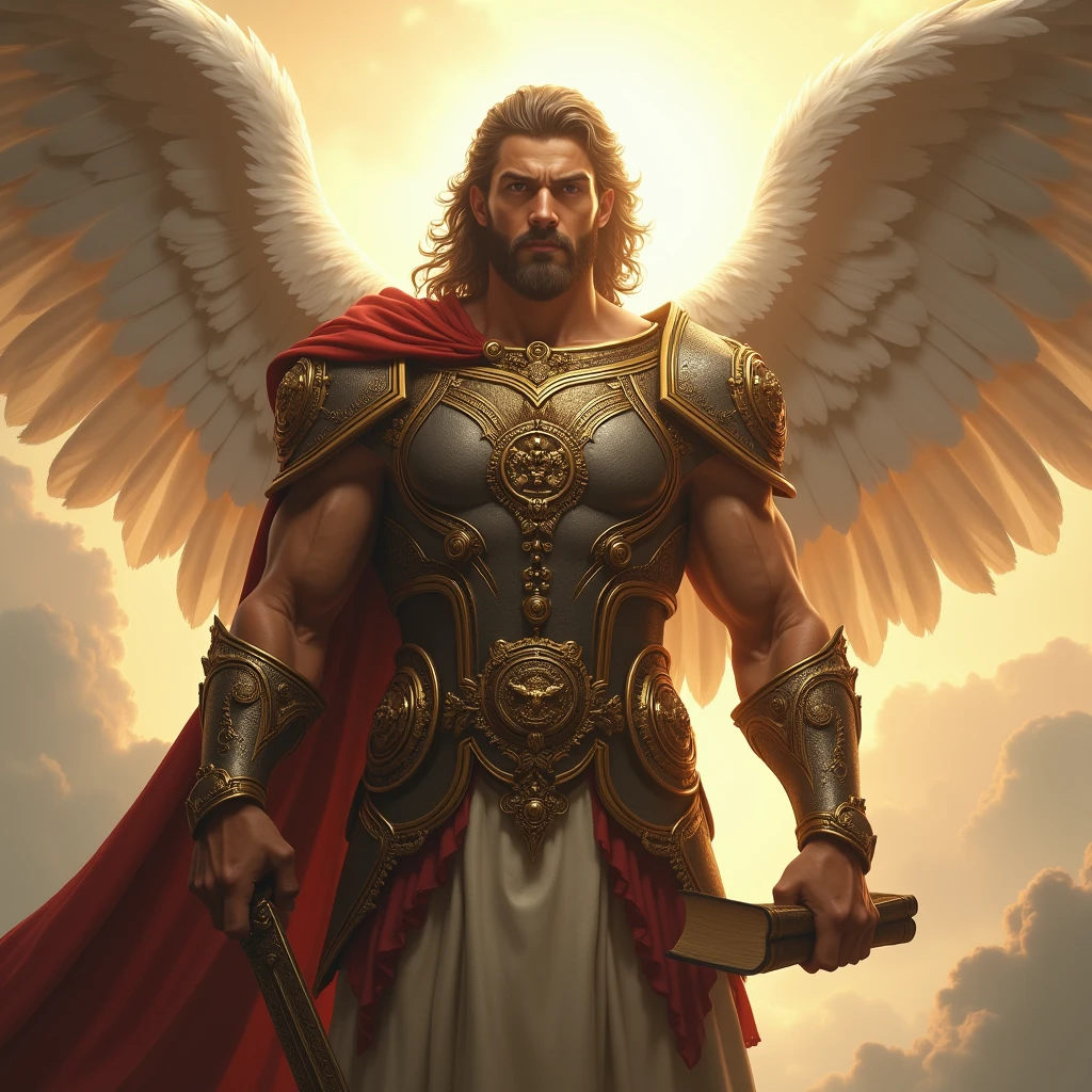 The powerful warrior angel of the Lord almighty. He is wearing chestplates and warrior attire. He is holding bible in his hand. He is handsome and powerful 