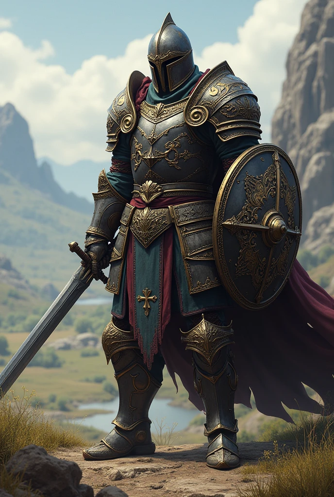 A warrior with armor a sword and a shield rpg