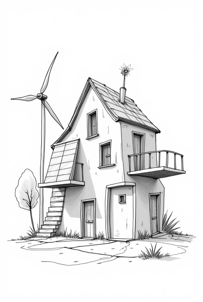 sketch a simple design of a house with many doors and with solar panel and windmill black and white lines