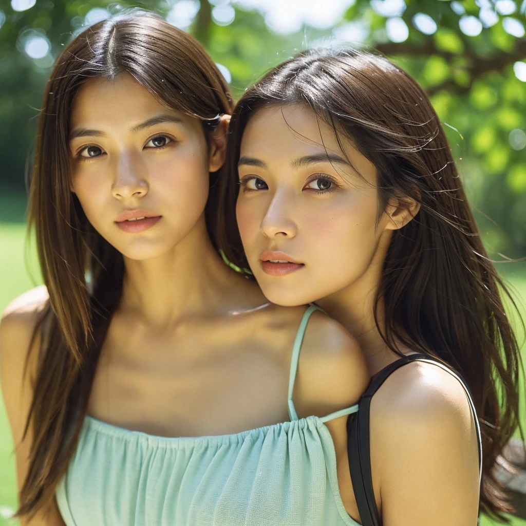 A hyper-realistic close-up image of a single Japanese woman in her early 20s, captured with the nostalgic warmth and subtle graininess of a film camera, focusing on her face and shoulders. Her skin has a warm beige tone with a natural, slightly rough texture that includes visible pores, fine lines, and subtle imperfections such as small blemishes, adding to the authenticity of her appearance. The soft, diffused natural light typical of a sunny summer day casts gentle, warm shadows on her face, enhancing the film-like quality while maintaining the realistic texture of her skin. Her straight, glossy black hair is slightly tousled by a gentle summer breeze, framing her face naturally. She is wearing a light, summery outfit, perhaps with straps visible at the shoulders, that complements her natural beauty and suits the warm weather. The film camera effect introduces a slight grain and a softer focus, giving the image a warm, nostalgic atmosphere while preserving the realism of her skin and features. The overall composition captures the serene and effortless elegance of a summer day, with the focus on the realistic texture of her skin and the timeless quality of the film camera aesthetic.