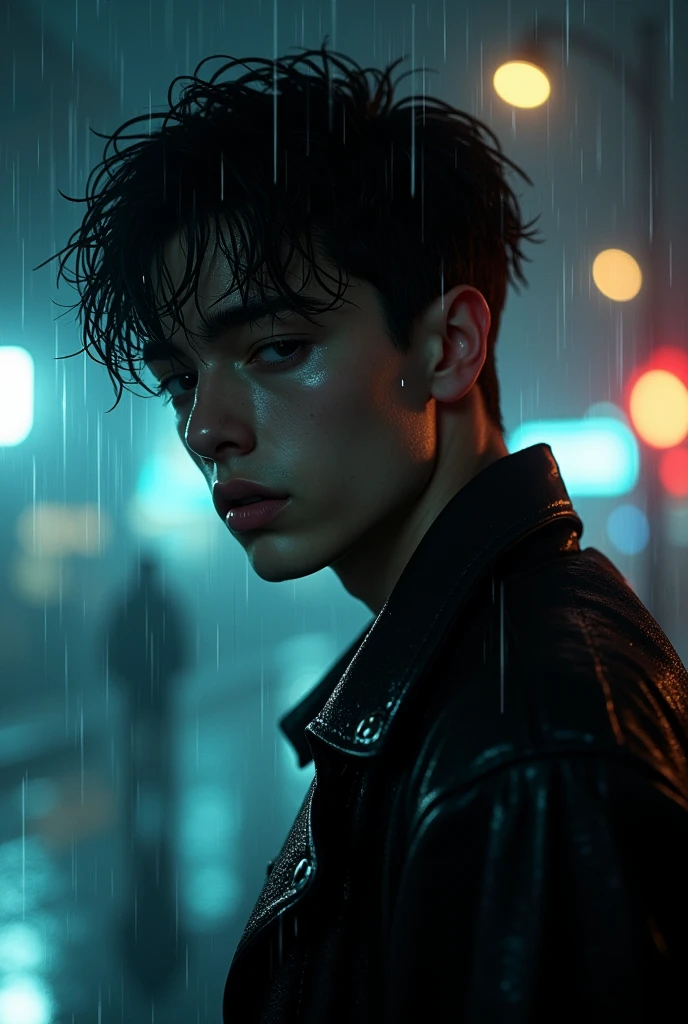 Stylish black haired teenage man crying in the rain at night