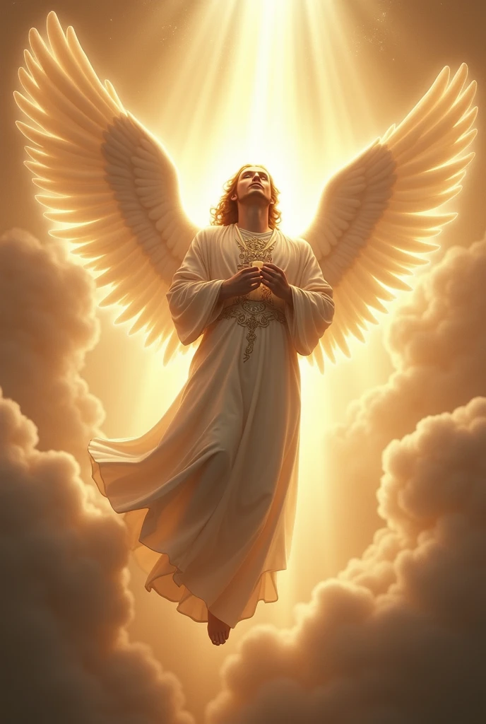 Gabriel angel, in a radiant white cloak, holding a sacred scroll, surrounded by a heavenly light as he descends from the heavens.