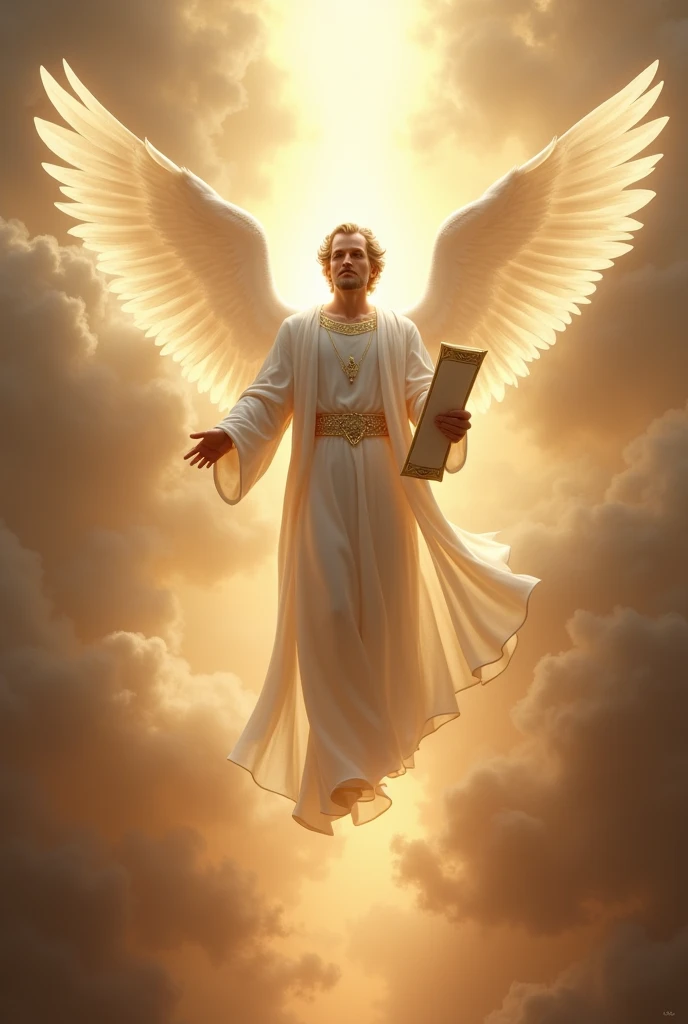 Gabriel angel, in a radiant white cloak, holding a sacred scroll, surrounded by a heavenly light as he descends from the heavens.