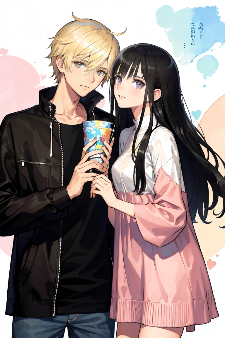 man and woman, couple, love, mature, a cat woman, she has freckles, she has dark brown eyes and an upturned nose, she is happy and smiling, she has long wavy hair, black hair, she is wearing aviator sunglasses with clear lenses in a soft watercolor style. The girl's clothes must be pink, purple, and blue in celebration of the bisexual, with stains of ink and watercolor mixing and filling the scene. he has blonde hair, he is handsome, he is slim. There should be a subtle, nuanced change in colors using the impasto technique with gouache paint. There should be a light rain in the watercolor painting with a little watercolor paper texture and a pastel background.