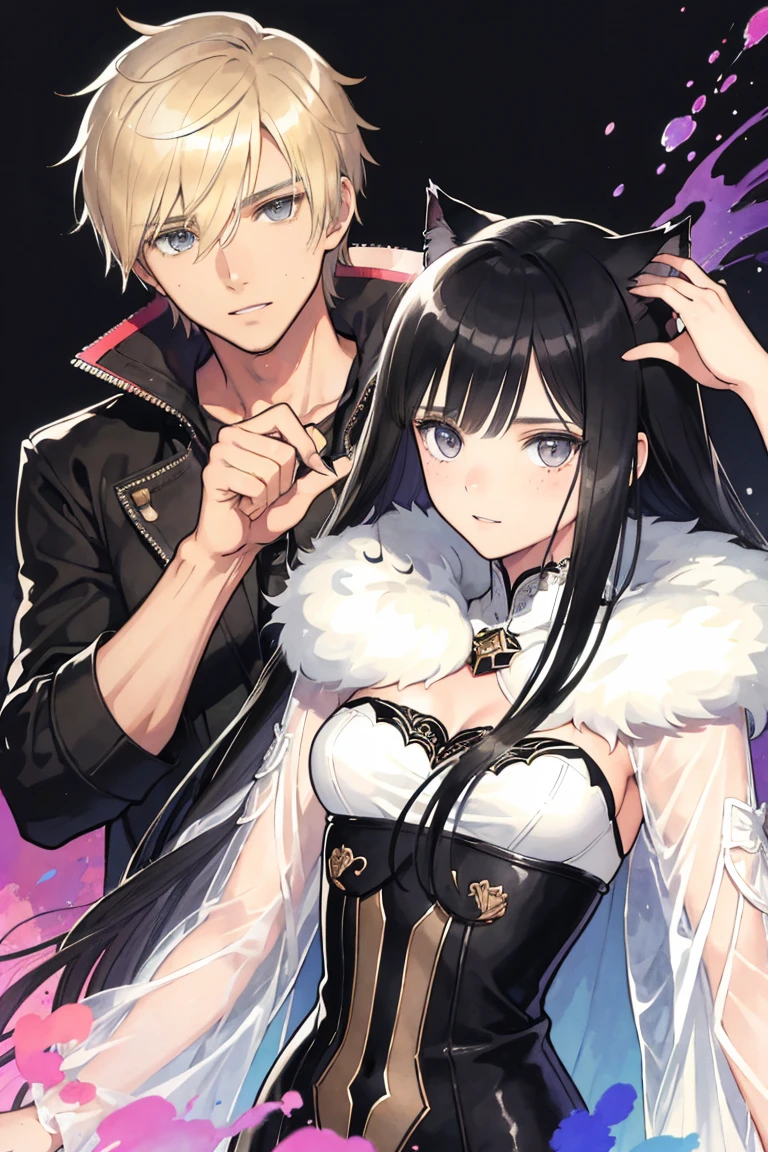man and woman, couple, love, mature, a cat woman, she has freckles, she has dark brown eyes and an upturned nose, she is happy and smiling, she has long wavy hair, black hair, she is wearing aviator sunglasses with clear lenses in a soft watercolor style. The girl's clothes must be pink, purple, and blue in celebration of the bisexual, with stains of ink and watercolor mixing and filling the scene. he has blonde hair, he is handsome, he is slim. There should be a subtle, nuanced change in colors using the impasto technique with gouache paint. There should be a light rain in the watercolor painting with a little watercolor paper texture and a pastel background.