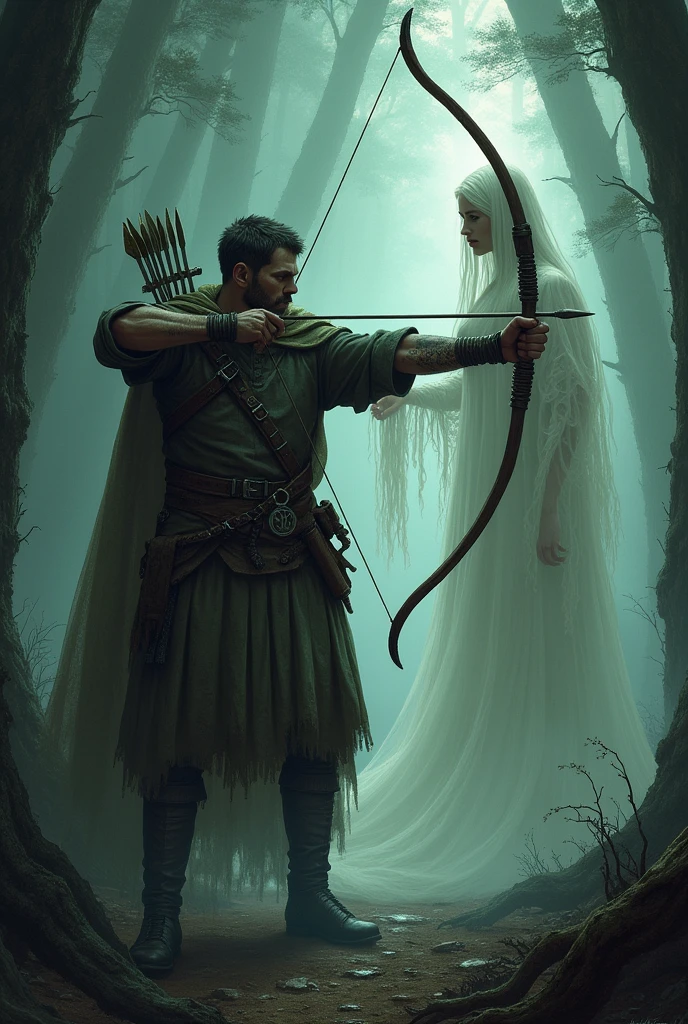 generate a hunting archer with only one arm and one eye holding the handle of a bow while his wife's ghost pulls the string of his bow to shoot the arrow