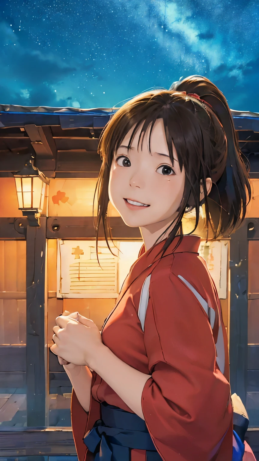 (masterpiece:1.4)、(Highest quality:1.4)、(High resolution:1.4)、Chihiro Ogino、ponytail、Unite Form、Red kimono、smile、Thumbs up、Old inn、On the roof、night、Starry Sky、colorful、High contrast、Ultra Close-Up、Fisheye Lens