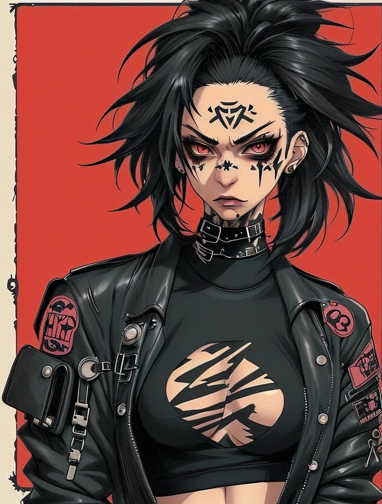 A drawing of a woman with tattoos and a black top., urban girl fanart, a nervous teenage killer, very detailed character design, detailed full body concept, rude look, mechanic punk outfit, 90s comic character design., dressed in punk clothes, wearing a punk outfit, full body concept, anime style character, cyberpunk style, She wears street clothes