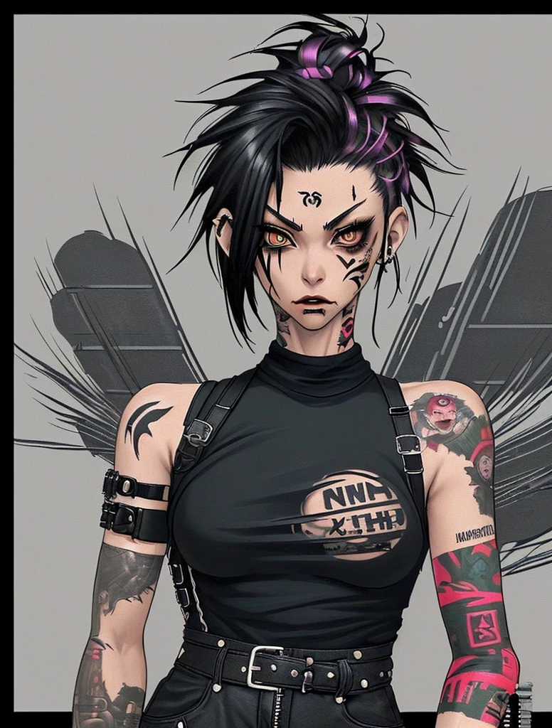 A drawing of a woman with tattoos and a black top., urban girl fanart, a nervous teenage killer, very detailed character design, detailed full body concept, rude look, mechanic punk outfit, 90s comic character design., dressed in punk clothes, wearing a punk outfit, full body concept, anime style character, cyberpunk style, She wears street clothes