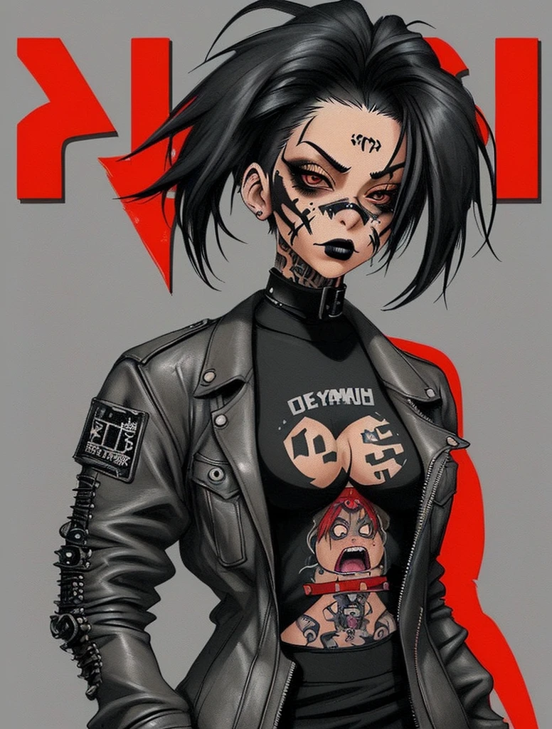 A drawing of a woman with tattoos and a black top., urban girl fanart, a nervous teenage killer, very detailed character design, detailed full body concept, rude look, mechanic punk outfit, 90s comic character design., dressed in punk clothes, wearing a punk outfit, full body concept, anime style character, cyberpunk style, She wears street clothes