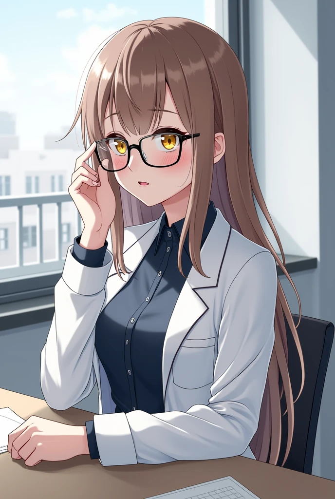 girl with yellow eyes with glasses sitting beside window with desk, (hair swept bangs:1.3), (long brown hair:1.3), 1girl, solo, long hair, breasts, looking at viewer, blush, bangs, brown hair, shirt, long sleeves, medium breasts, sitting, closed mouth, purple eyes, jacket, upper body, sky, glasses, day, collared shirt, indoors, black shirt, window, dress shirt, chair, black-framed eyewear, labcoat, adjusting eyewear