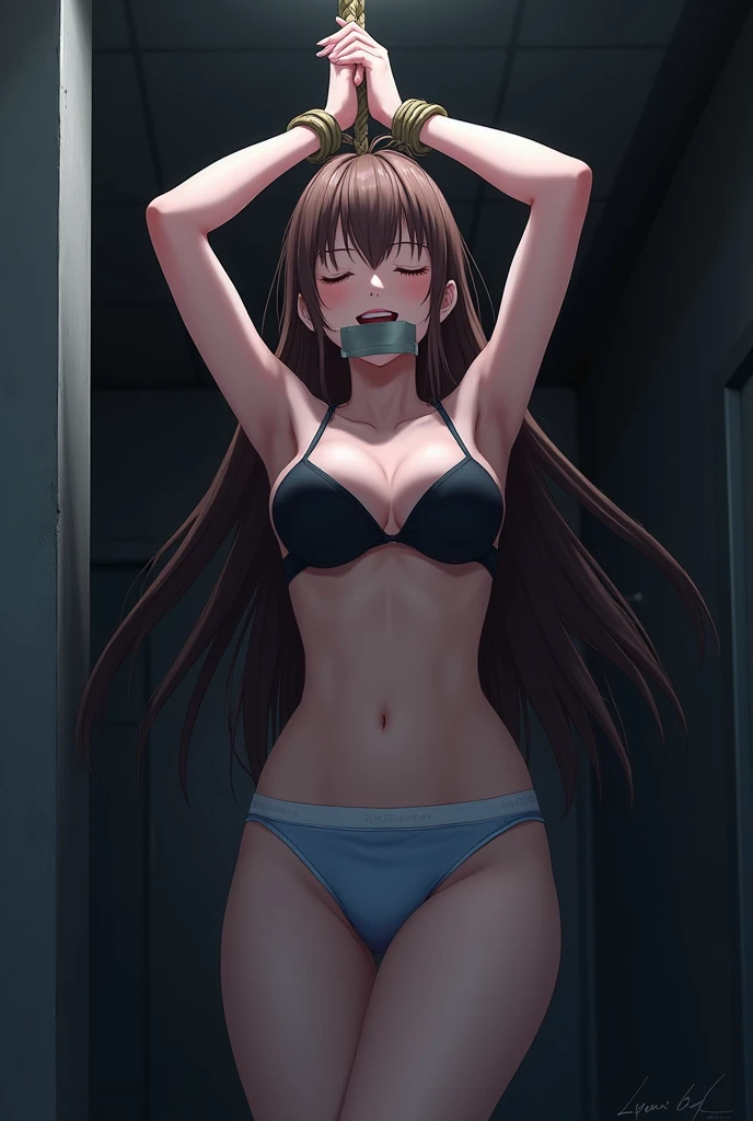 sekijou sawako, shibari, closed eyes, bondage, bound, brown hair, long hair, arms up, stripped, best quality, ultra-detailed, high resolution, extremely detailed cg, unity 8k wallpaper, masterpiece, perfect body, anime picture, femsub, BDSM, light blue panty, black bra, small breasts, at night, standing, dark room, gagged, over the mouth gag, duct tape, Sekijou Sawako, gym storeroom, tied up tight wrist together above head, tied up ankle, suspension rope from ceiling, standing nearby wall, bracing,