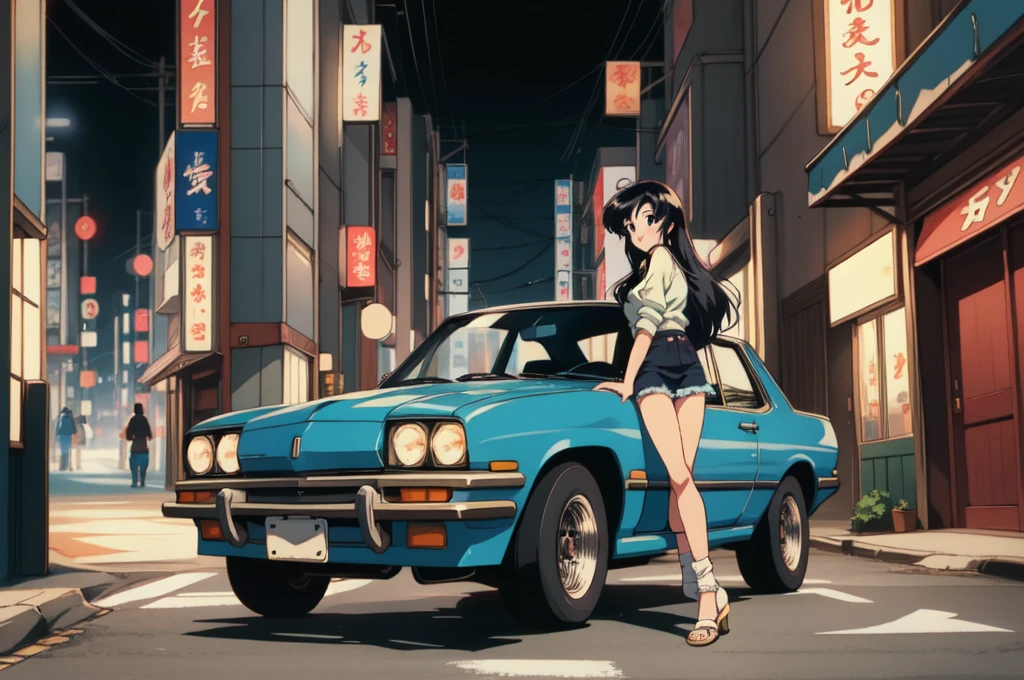 1 Retro anime pretty girl, Anime atmosphere of the 80s, 80s anime style, Retro Anime Girls, 1980's anime style, Retro anime images, Anime atmosphere, chill, sexy eyes , smile, black cat, folk car, blur tokyo city with peaples background, night time