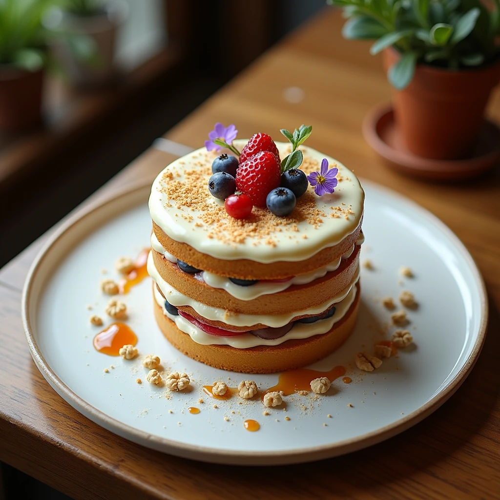 "Top-down photo of cake set on a plate, aesthetically pleasing, in a café setting, with no people present."