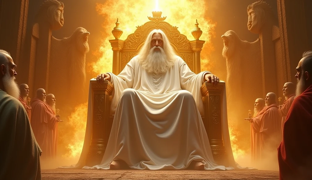 Generate images of God who is gigantic, vast, with long hair white, white beard, face hidden by golden light in a white robe of His firery golden Thrown of light. Cover his face with White light and put him on a large firy gold throne surrounded by 24 elders and angel of Cherubim and Seraphim with four faces, the face of a man, an eagle, an Bull and a Lion. They are around God's thrown. God is vast, 32K UHD, Style Raw, detailed, masterpiece, realistic, your golden sign written "king of kings , Lord of Lords " Its resplendent light capable of blinding any vision, God doesn't have wings.other thrones with ancient beings on them