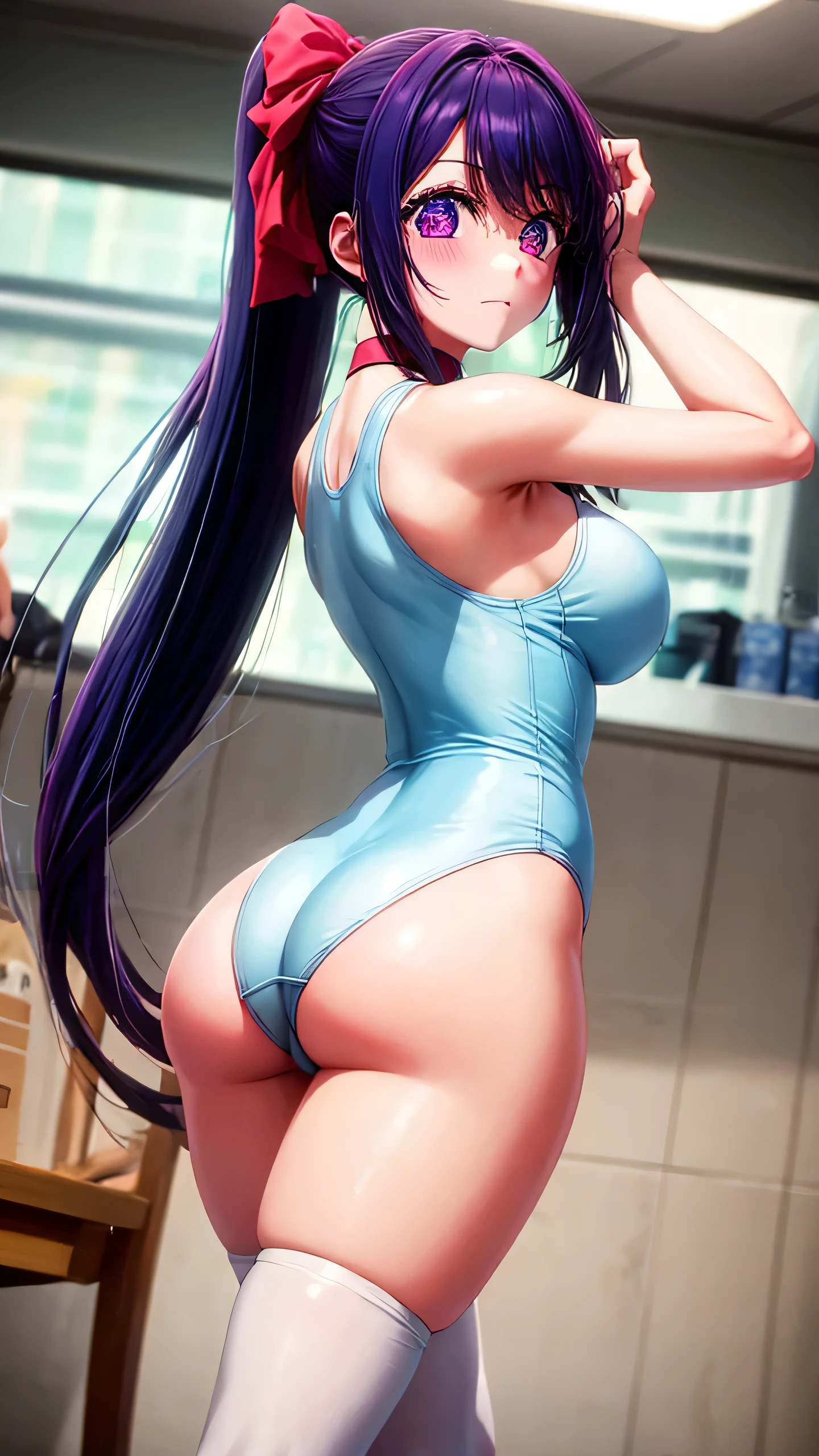 1girl, ass, breasts, swimsuit, large breasts, long hair, blurry, one-piece swimsuit, solo, ponytail, purple eyes, tying hair, bangs, looking at viewer, blush, ass, big ass, thighs, thighhighs, high school background, from behind, looking back, purple hair, highleg, arms up, tile wall, tiles, depth of field, highleg swimsuit, indoors, sidelocks, white and blue swimsuit, black choker