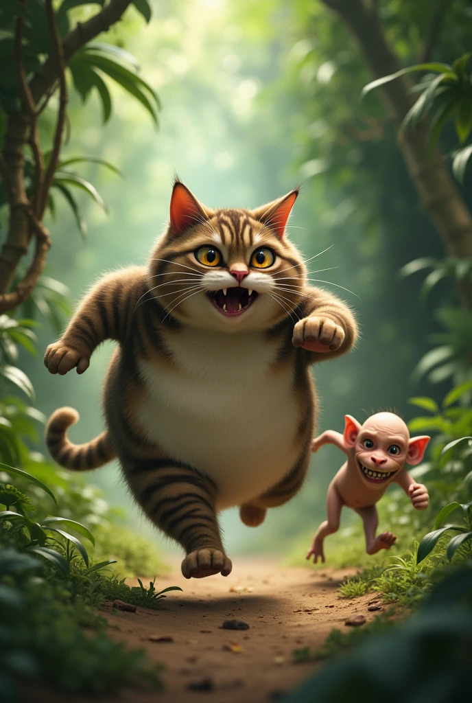 A fat cat running from a hairless monkey