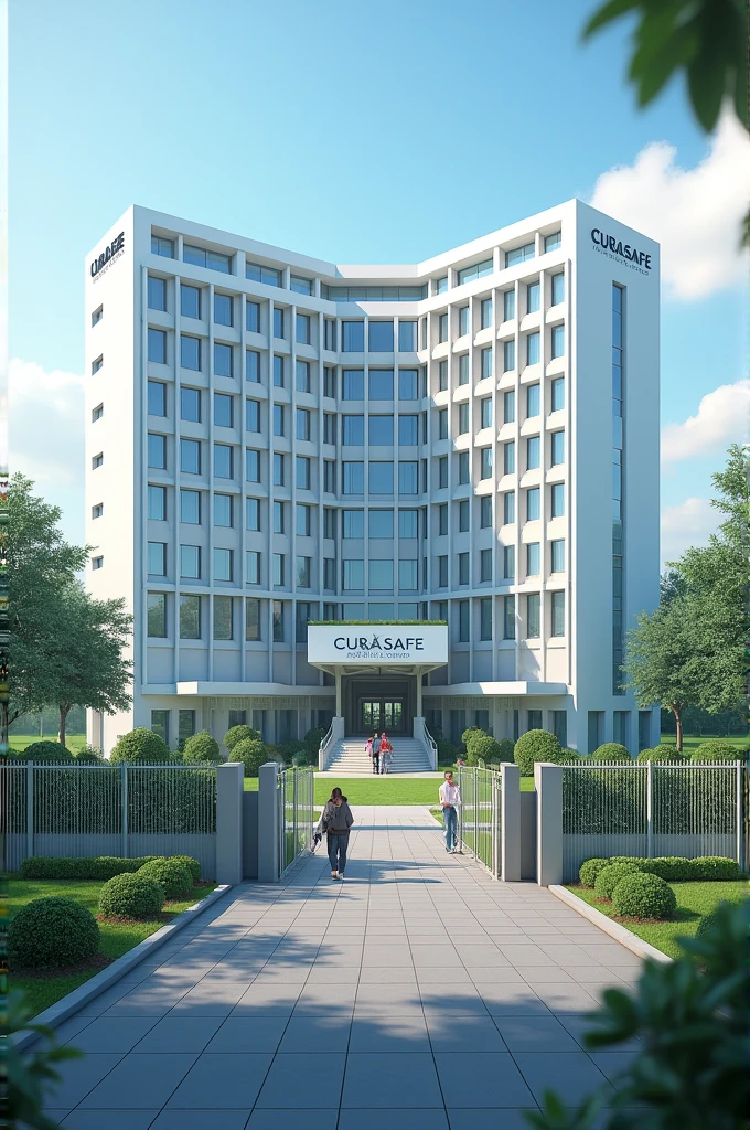 Make an 3d exterior of my hospital that's name is “CuraSafe Residence”

Structure:-

Hospital will be in square shaped
Hospital will have only one portion.
Hospital will have 14 equal sized rooms on every each side
Between all the rooms there will be a hall 
On every each side there will be main door after 7 rooms, these doors will be connected to a hall 
Around the hospital there will be a fence for security purpose

Hospital name should be visible 
