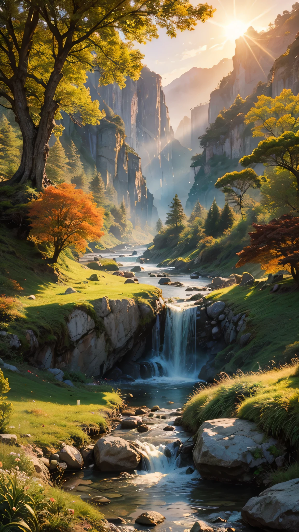 fairytale view with fantasy fairy track in a wide steep valley with huge dramatic mountains in the distance,autumn, rocks plants flowers shrubs trees moss stream lawns bridge grass animals,sunrise and strong sunbeams,very hazy,extreme details,photorealistic,4k,HD,beautiful,nature, dreamy, low shot,ground level photo, good luminosity