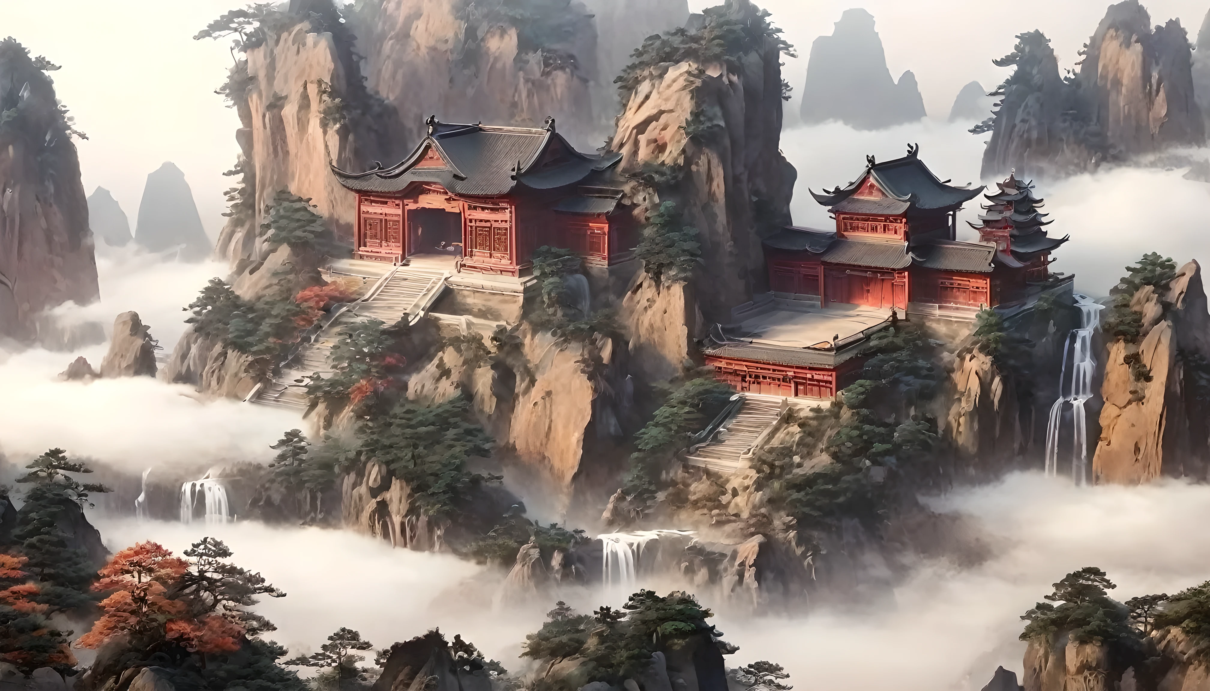 Chinese landscape painting，Landscape artistic conception，Zen Aesthetics，Zen composition，Ancient Chinese architectural complex，cloud，cliff，pine，fall，Elk，Rich in light，Takayama，Qingshan，The Minimalists，Extreme details，unmatched details，Special effect、Realism and exquisite details，Tyndall effect