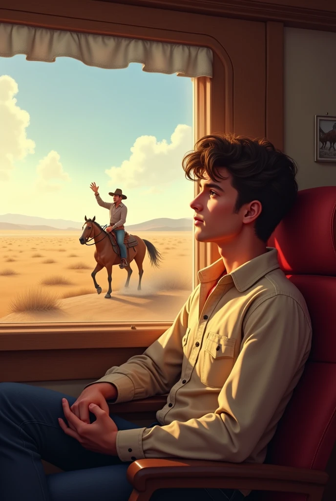 A cute handsome young man on a train looking out from the window of the train at a cowboy rider raising his hand