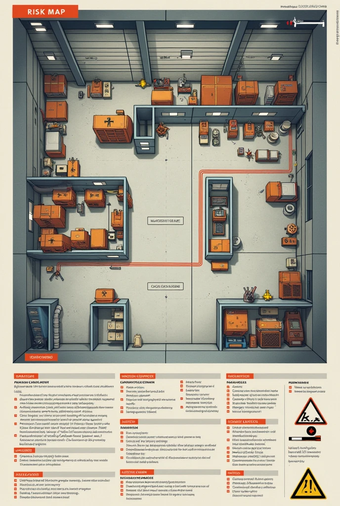 Generate a 2D risk map and its respective legend for a mechanical workshop that has evacuation signs and a chemical storage facility